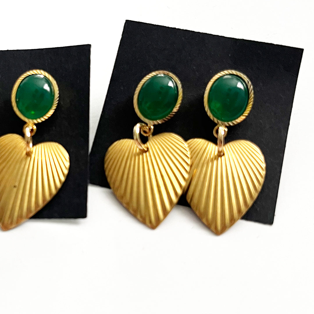 Deco Heart Fan Emerald Stud Earrings