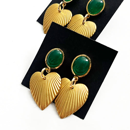 Deco Heart Fan Emerald Stud Earrings