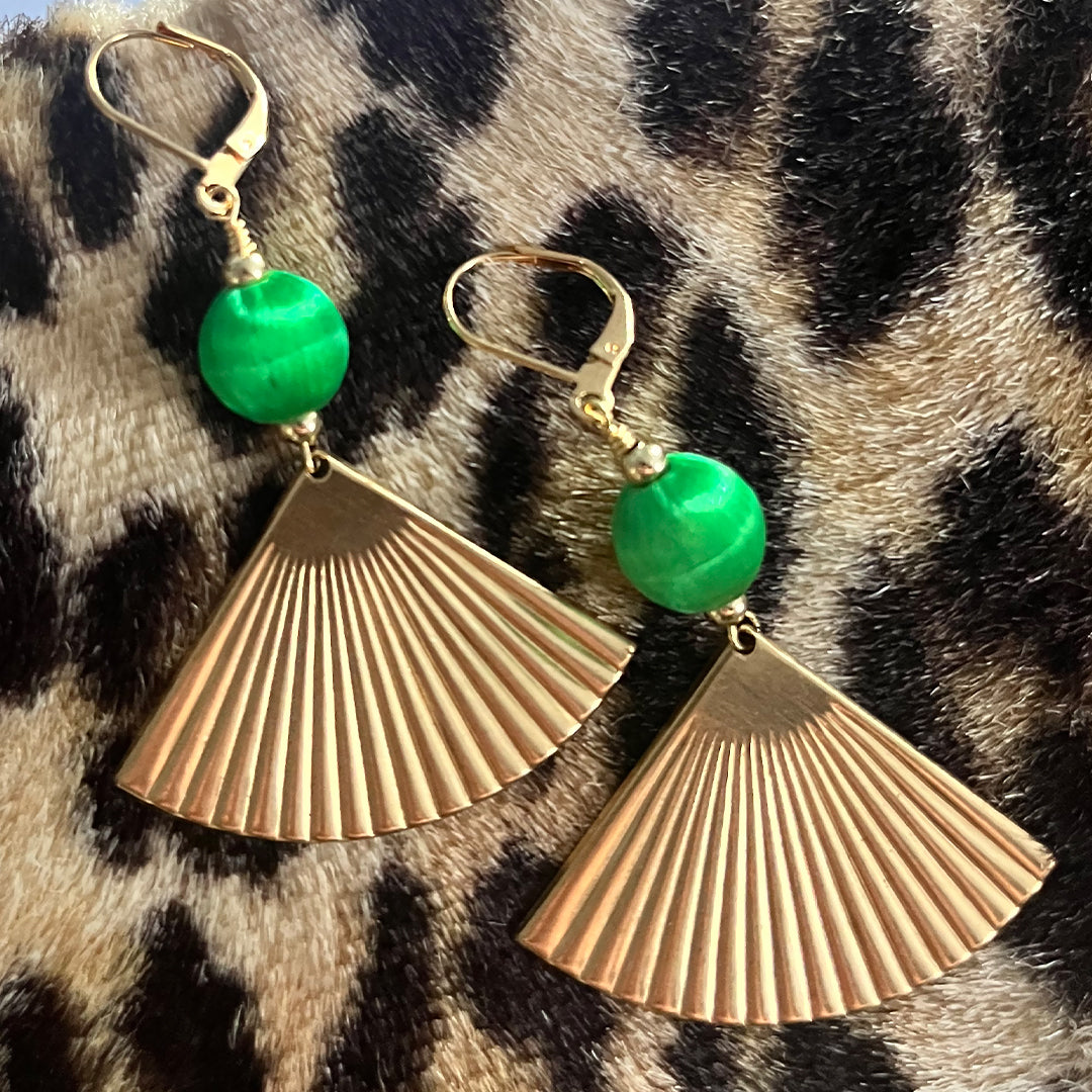 Silk Bead Gold Fan Earrings GREEN