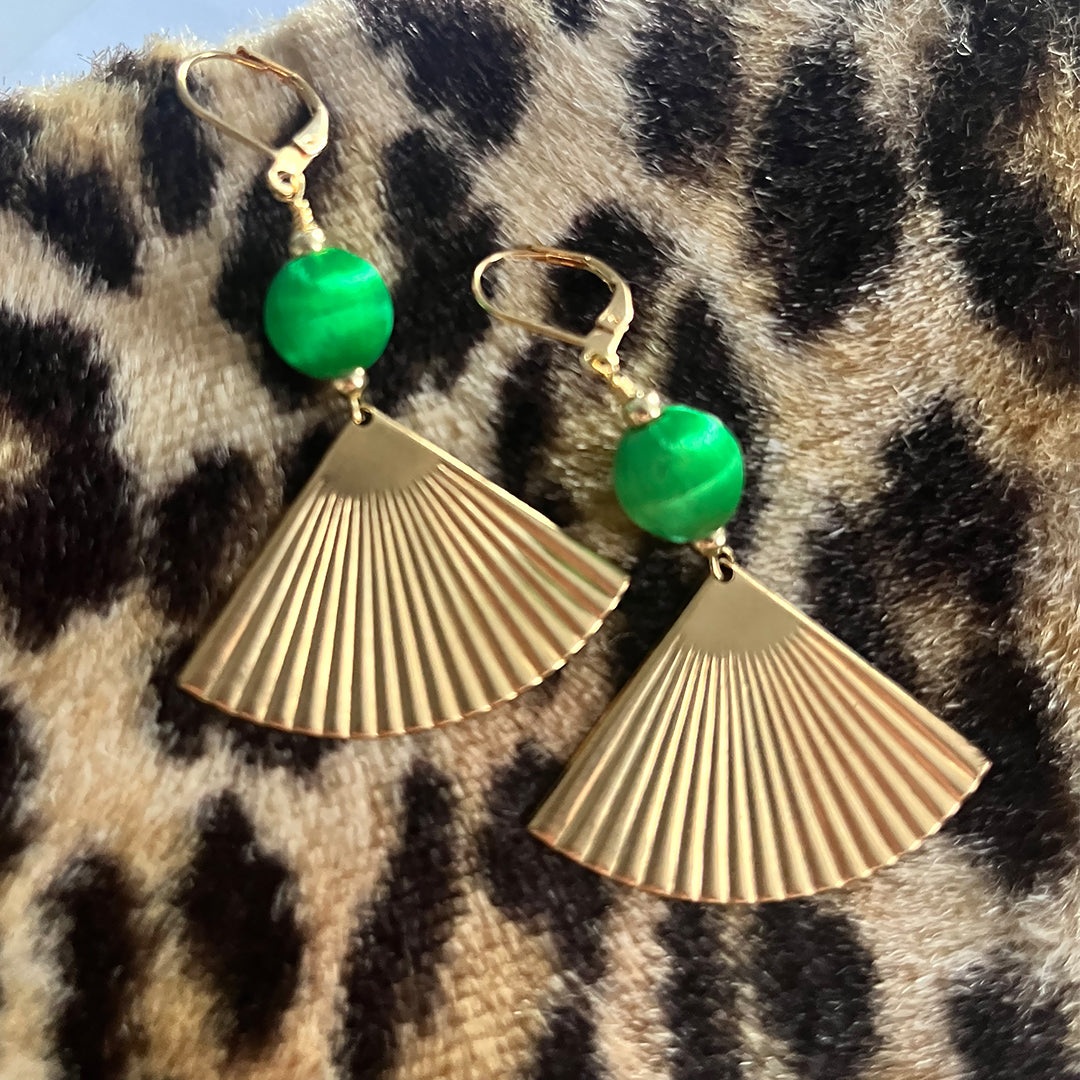 Silk Bead Gold Fan Earrings GREEN