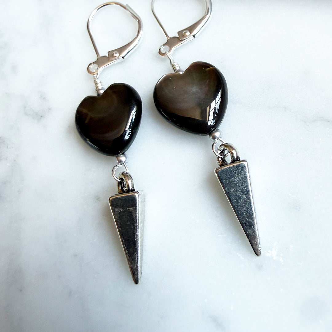 Black Pearl Heart Spike Earrings