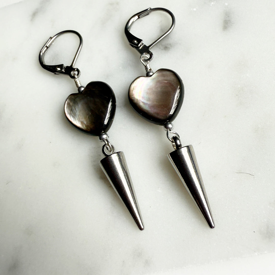 Black Pearl Heart Spike Earrings