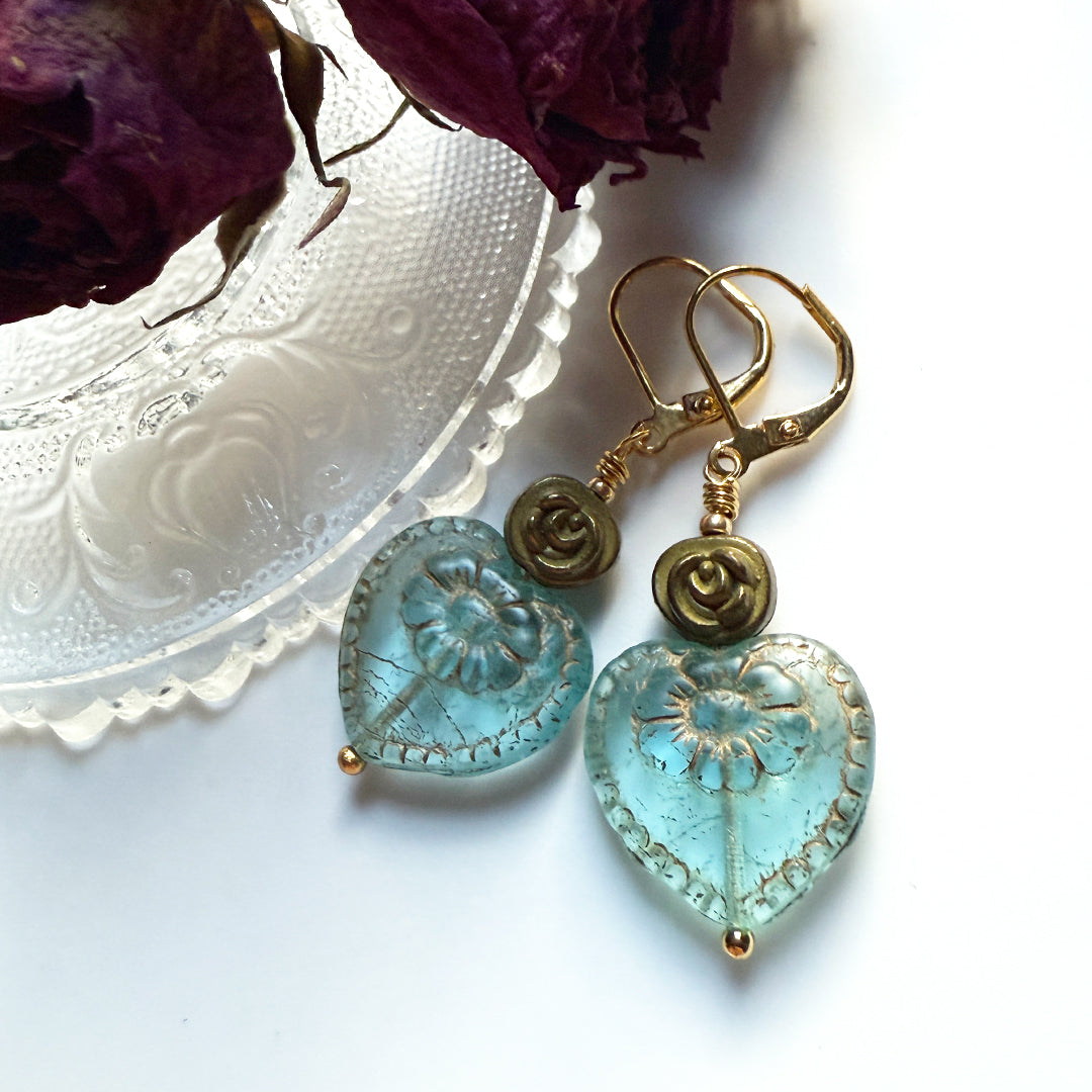 Aqua Bloom Heart Earrings