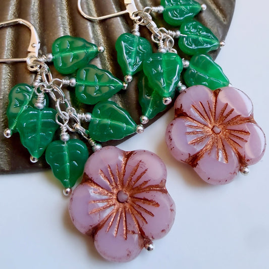 Hibiscus Blossom & Emerald  Leaf Cluster Earrings
