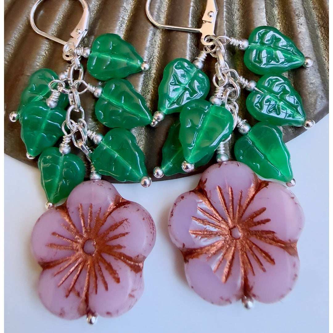 Hibiscus Blossom & Emerald  Leaf Cluster Earrings