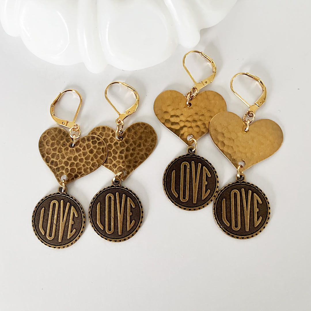 LOVE Charm Earrings Antiqued Gold