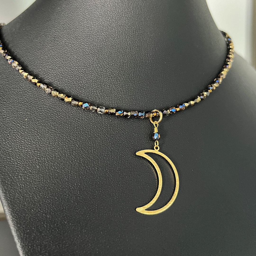 Beaded Moon Charm Choker Necklace