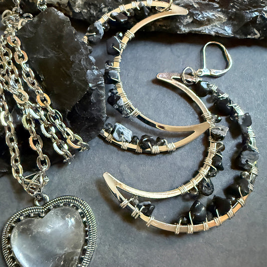 Geode Crescent Moon Earrings Onyx