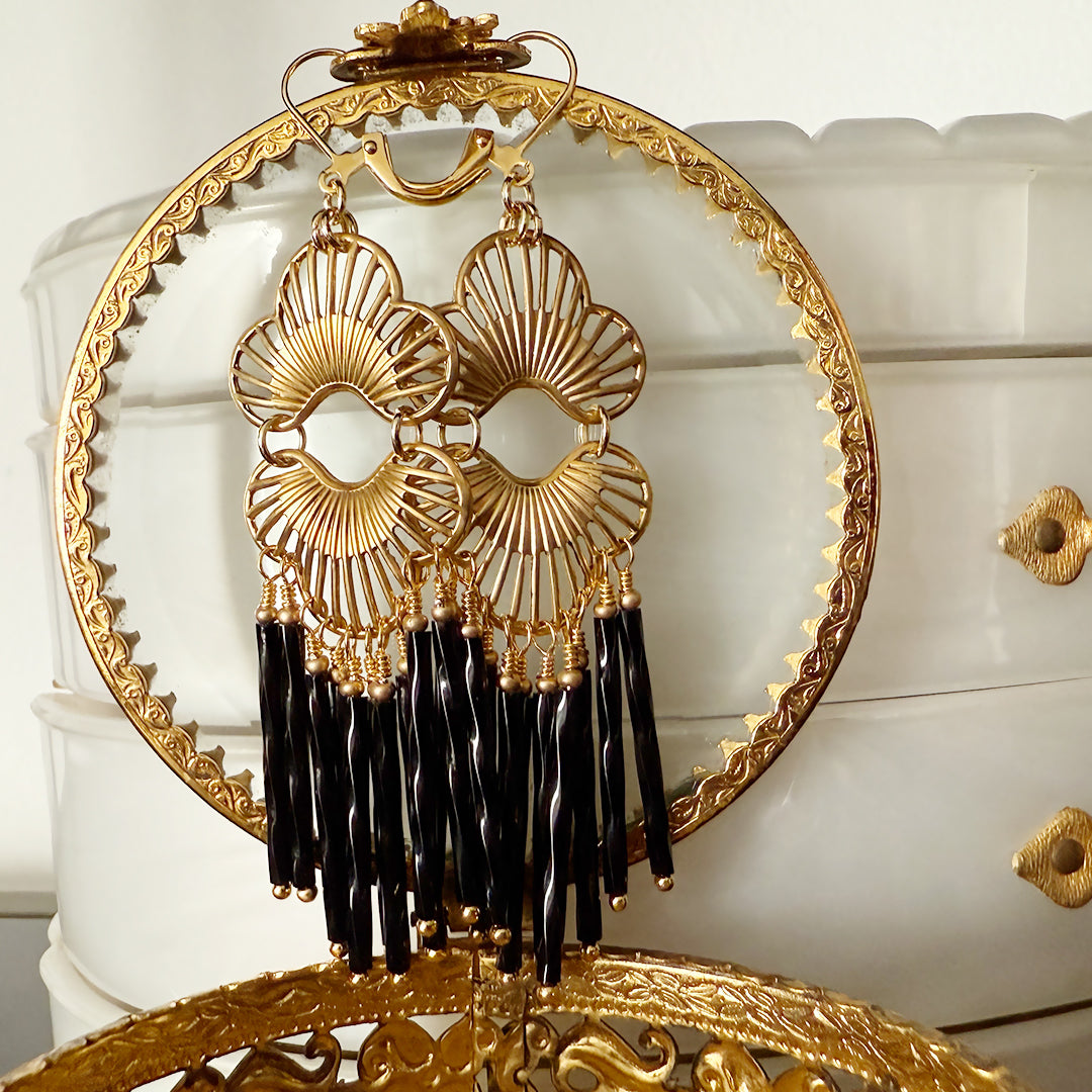 Ornate Petal Chandelier Earrings BLACK