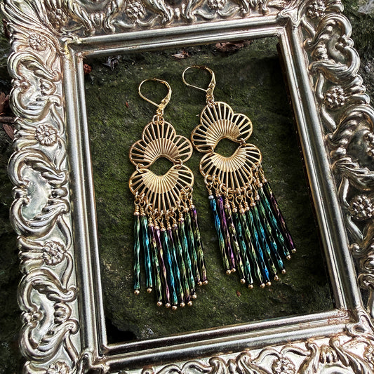 Lotus Fan Fringe Chandelier Earrings PEACOCK