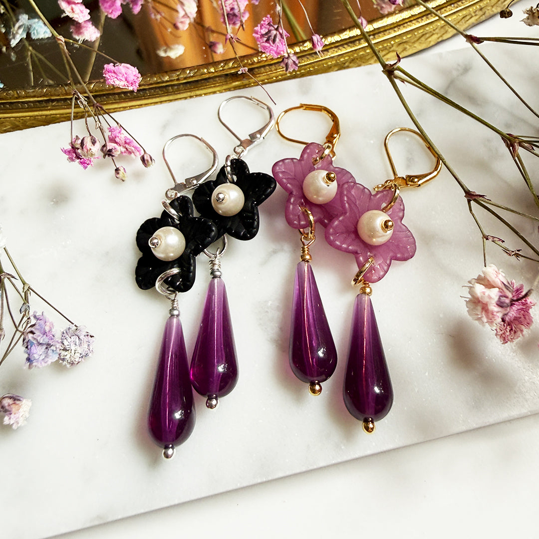 Cherry Blossom Drop Earrings Purple