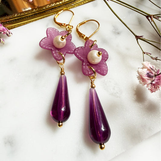 Cherry Blossom Drop Earrings Purple