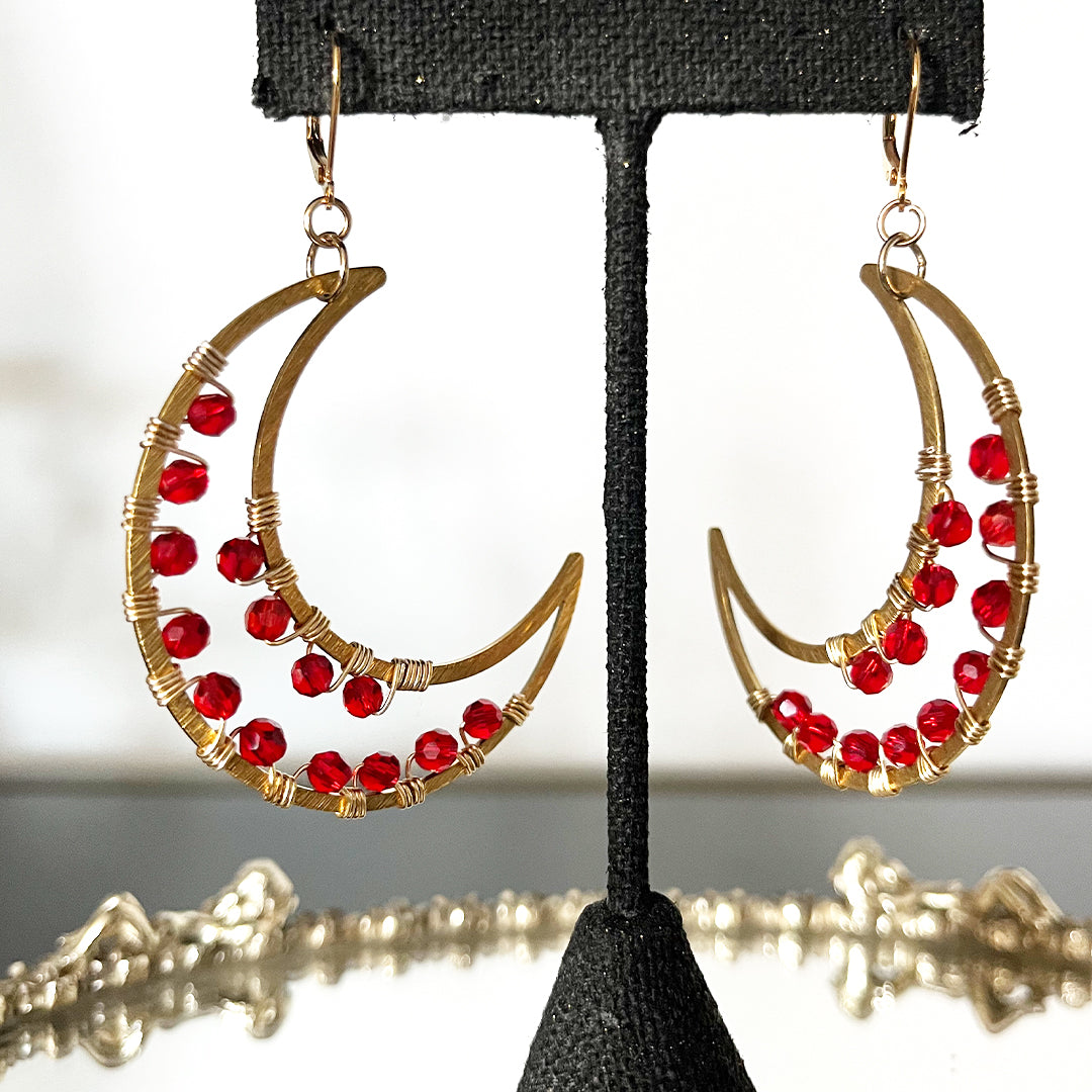 Crescent Moon Statement Earrings RED