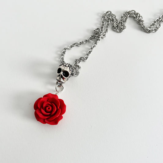 Red Rose with Skull Necklace