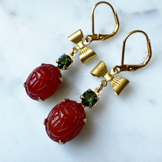 Crimson Scarab Bow Earrings