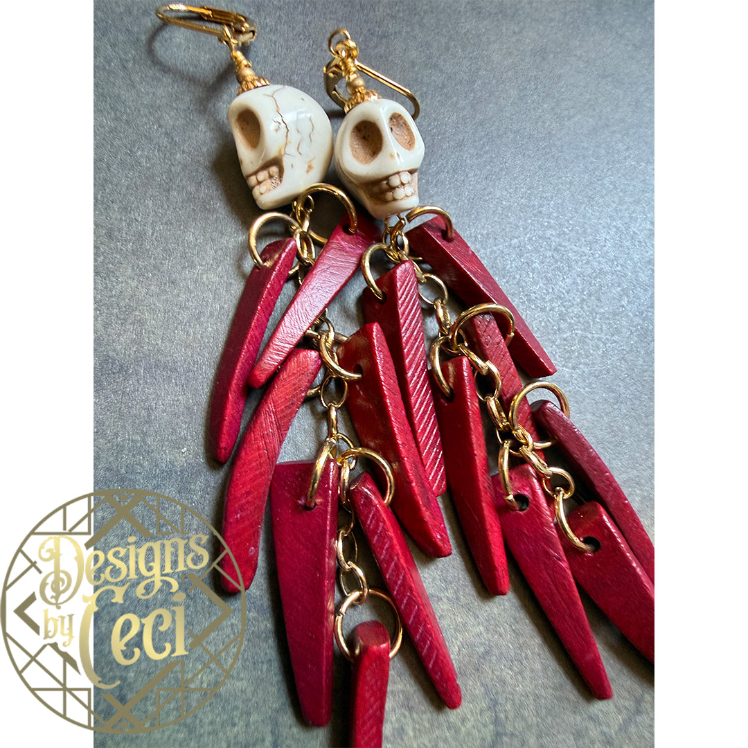 Skull Palm Fringe Earrings Red