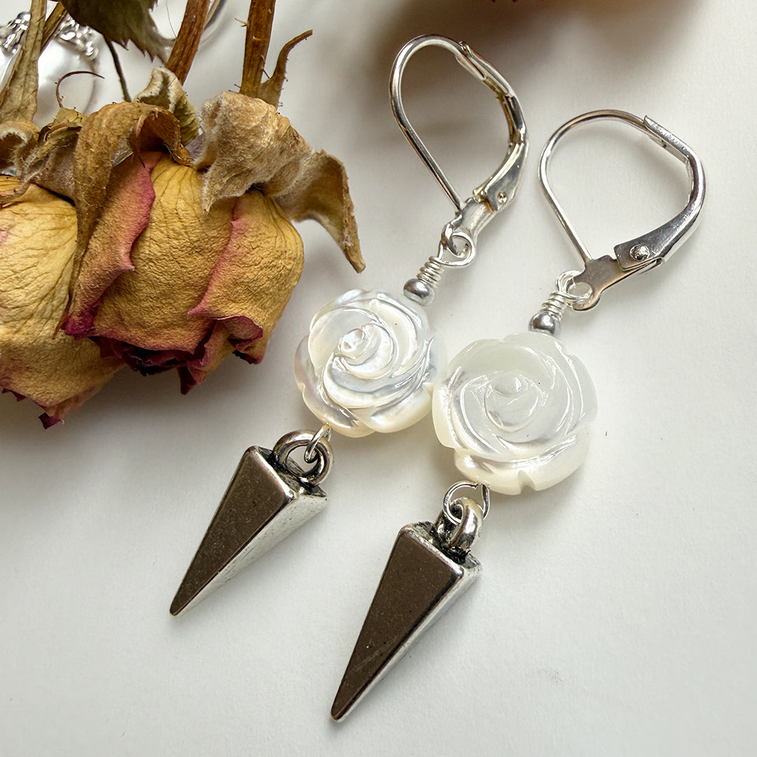 White Pearl Rose Thorn Drop Earrings
