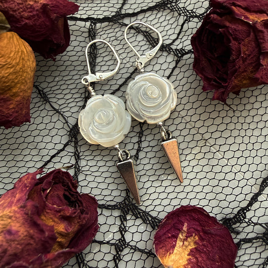 White Pearl Rose Thorn Drop Earrings