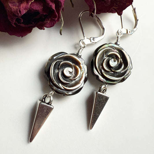 Black Pearl Rose Spike Earrings