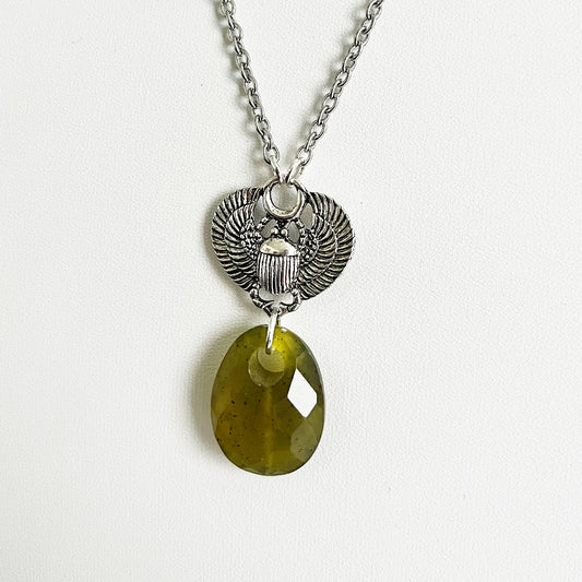 Scarab and Olive Jade Pendant Necklace