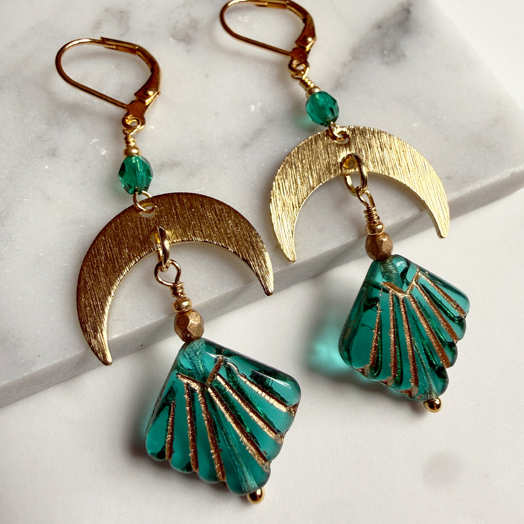 Crescent Shell Drop Earrings – Emerald Glass