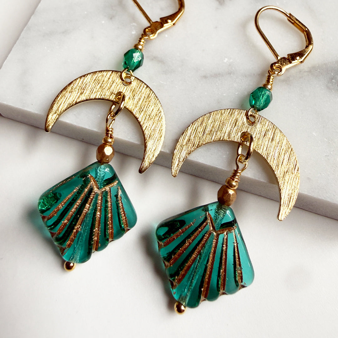 Crescent Shell Drop Earrings – Emerald Glass