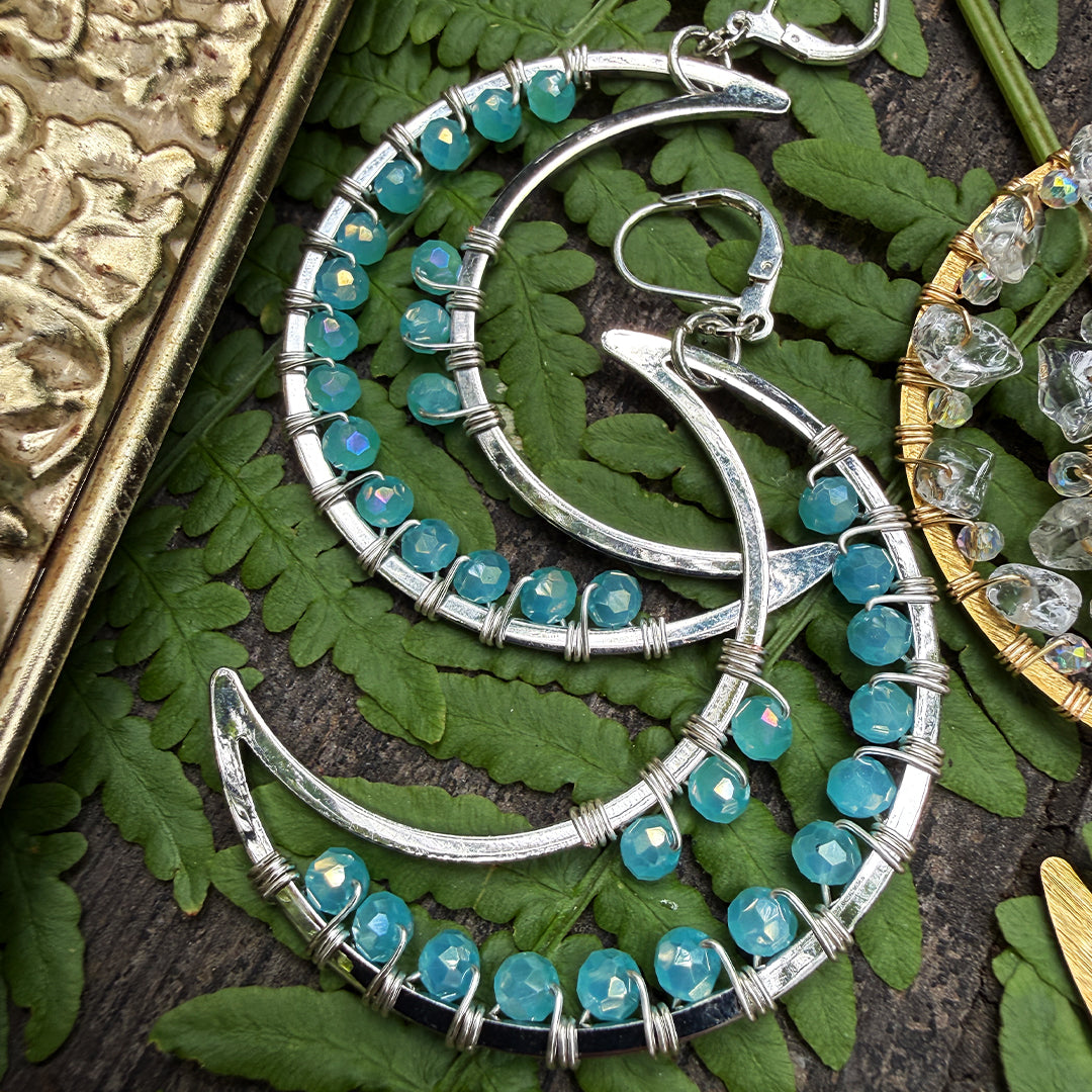 Aqua Dream Silver Crescent Moon Earrings