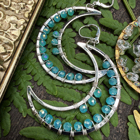 Aqua Dream Silver Crescent Moon Earrings