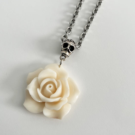 White Rose with Skull Pendant Necklace