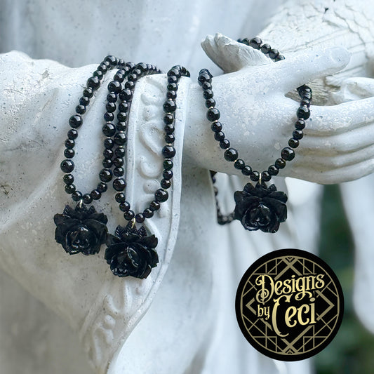 Mourning Rose Beaded Necklace