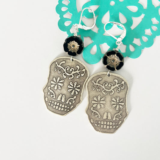 Sugar Skull & Flower Earrings SILVER & BLACK