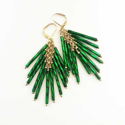 Vintage Glass Tassel Dangle Earrings Green