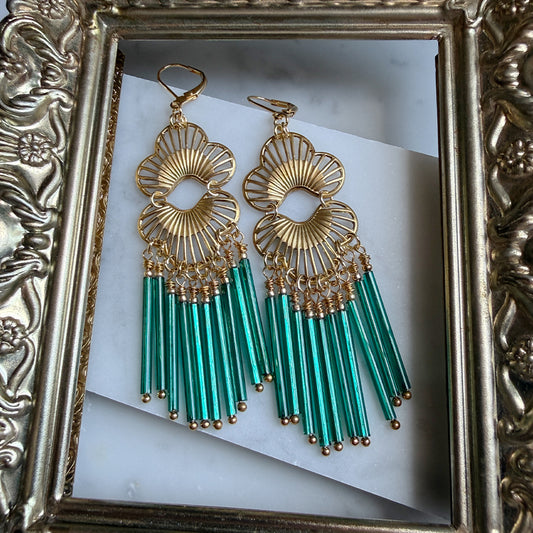 Lotus Fan Fringe Chandelier Earrings TEAL