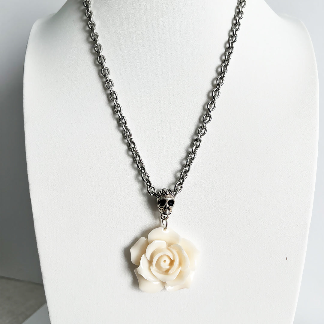 White Rose with Skull Pendant Necklace