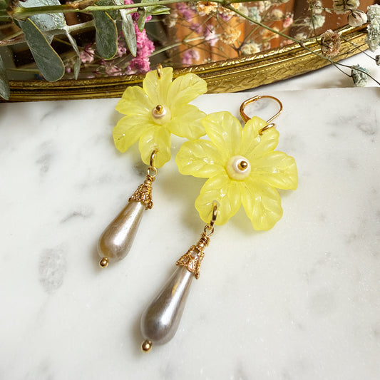 Yellow Pearl Blossom Earrings